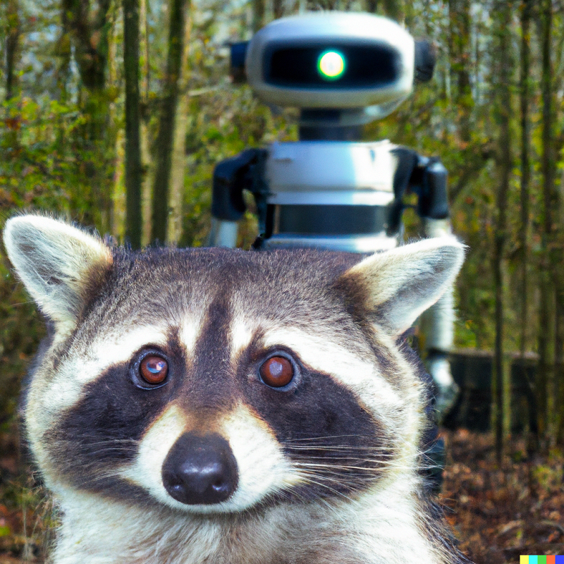 DALL·E 2022-09-18 16.38.16 - the feeling you are being watched  just a friendly humanoid robot appears in a high tech photographic style a raccoon in the background.png