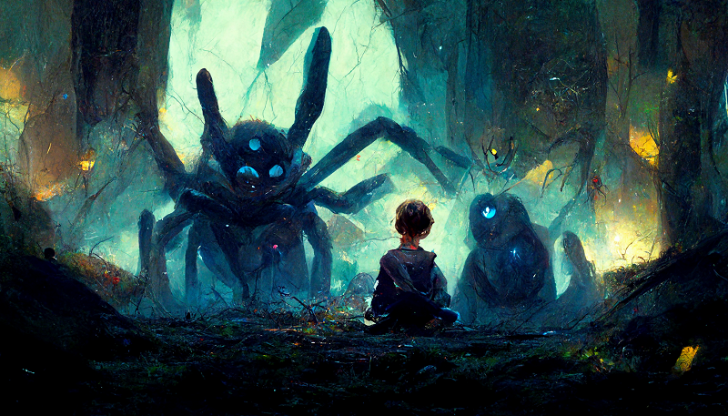 Fontaine1_in_the_back_four_big_spiders_with_glowing_eyes_dark_b_a1043e7e-ed71-4473-ba5f-0792b323eb7b.png